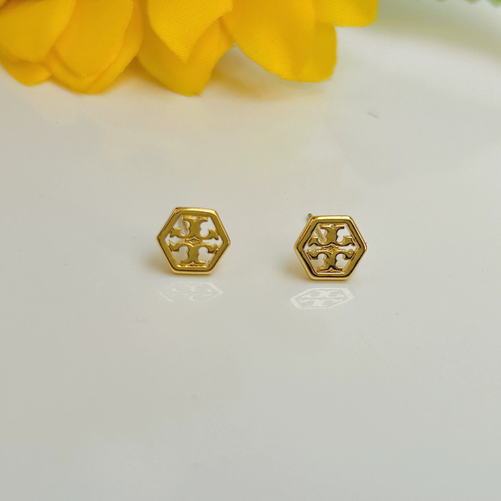 Tory Burch Small Silver Stud Earrings Hexagon Circle Glossy Fall Winter